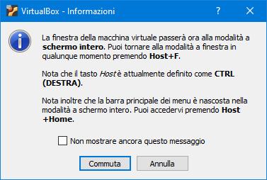 finestra di conferma della modalità schermo intero della macchina virtuale VirtualBox