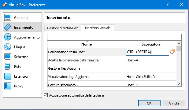 Finestra Preferenze di VirtualBox